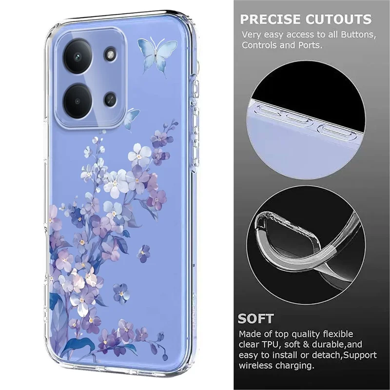 Bulk Purchasing Phone Case For Xiaomi Redmi 15C 5G (EU) (173mm) / 15C 4G (EU) (173mm) Butterfly Floral Pattern Printing TPU Cover Support Wireless Charging (MOQ: 50Pcs) - Violets