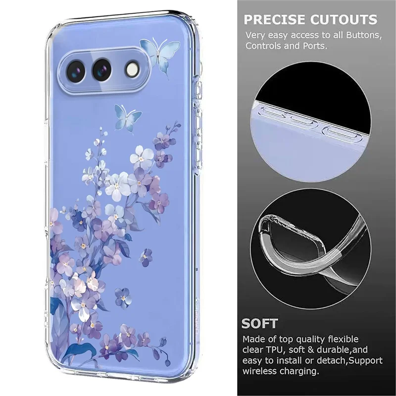Bulk Purchasing For Google Pixel 9a Case Butterfly Floral Pattern Printing TPU Phone Cover Support Wireless Charging (MOQ: 50Pcs) - Violets
