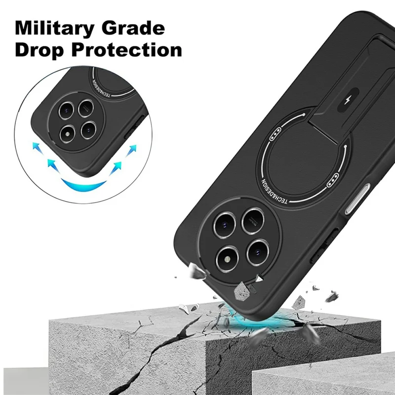 Skin Touch Kickstand Case for Xiaomi Poco C75 4G / Redmi 14R 5G / Redmi 14C 4G PC + TPU Phone Cover Support Wireless Charging - Black