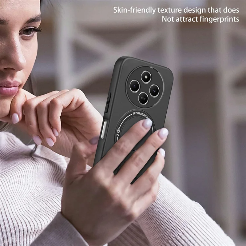 Skin Touch Kickstand Case for Xiaomi Poco C75 4G / Redmi 14R 5G / Redmi 14C 4G PC + TPU Phone Cover Support Wireless Charging - Black