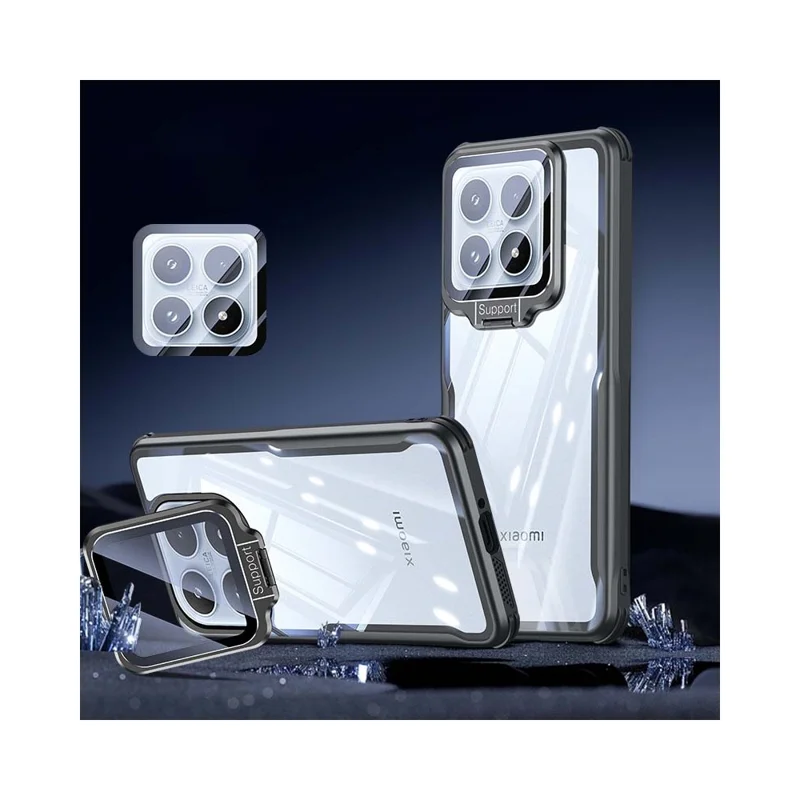 For Xiaomi 17 Case PC + TPU Clear Phone Shell with Glass Lens Cover Kickstand