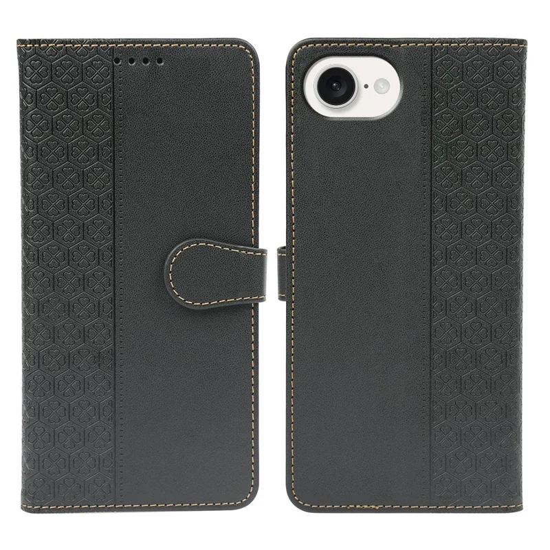 iPhone 16e Hülle Magnetischer Verschluss Vierblättriges Kleeblatt Lederhandy-Hülle - Schwarz