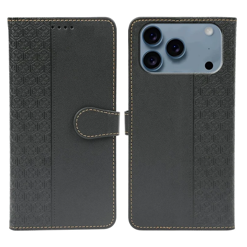 For iPhone 17 Pro Case Magnetic Clasp Four Leaf Clover Leather Phone Cover - Black