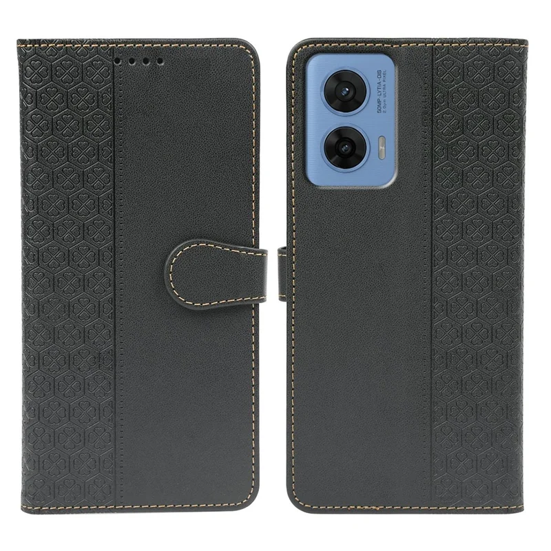 For Motorola G96 5G Case Magnetic Clasp Four Leaf Clover Leather Phone Cover - Black