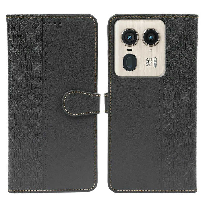 For Motorola Edge 50 Ultra 5G Case Magnetic Clasp Four Leaf Clover Leather Phone Cover - Black