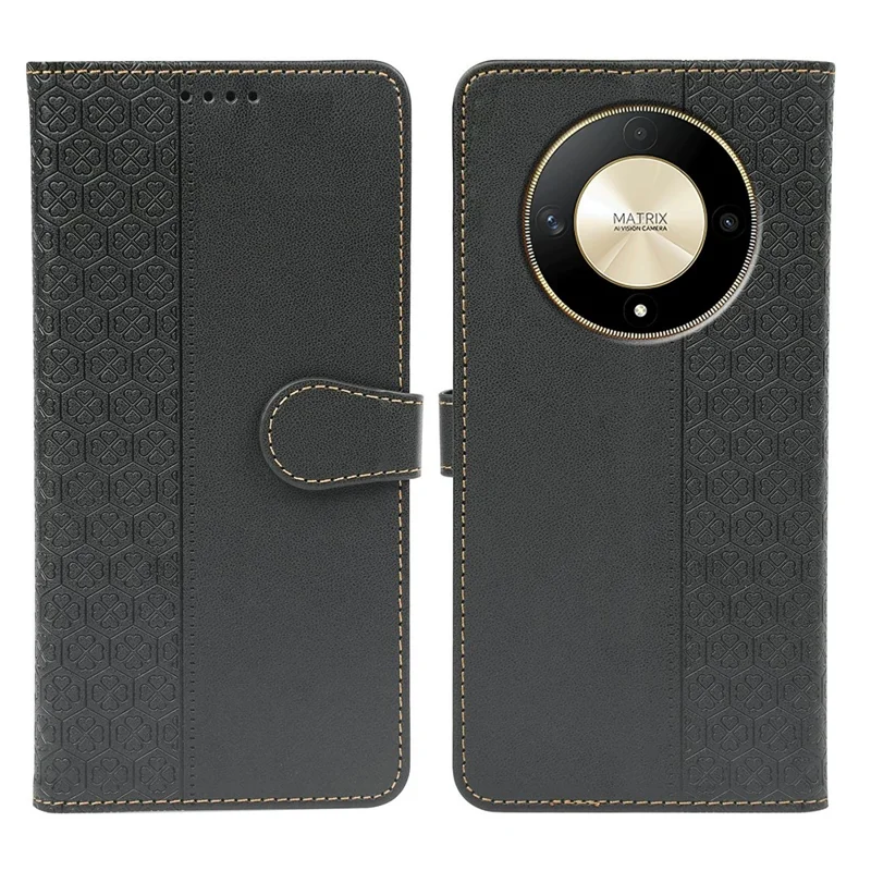 غطاء هاتف بتصميم نبات البرسيم الأربعة من الجلد مع إبزيم مغناطيسي لهاتف Honor Magic6 Lite 5G / X9b 5G - أسود