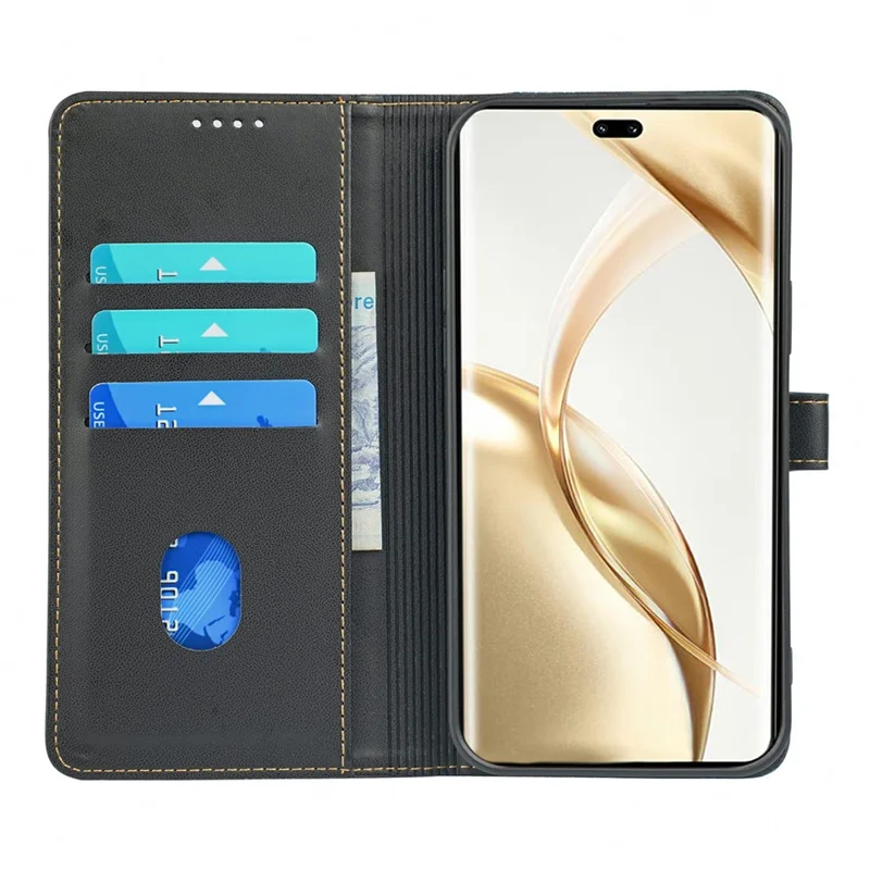 غطاء هاتف بتصميم نبات البرسيم الأربعة من الجلد مع إبزيم مغناطيسي لهاتف Honor Magic6 Lite 5G / X9b 5G - أسود