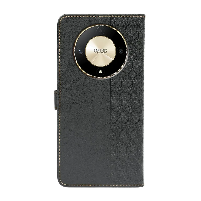 غطاء هاتف بتصميم نبات البرسيم الأربعة من الجلد مع إبزيم مغناطيسي لهاتف Honor Magic6 Lite 5G / X9b 5G - أسود