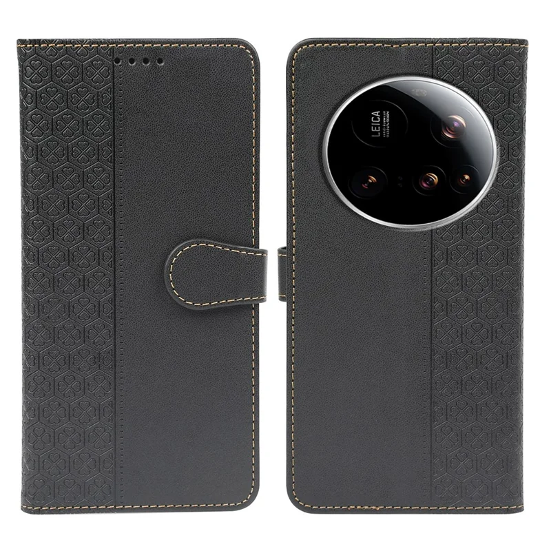 Xiaomi 15 Ultra Hülle Magnetischer Verschluss Vierblättriges Kleeblatt Leder Handyhülle - Schwarz