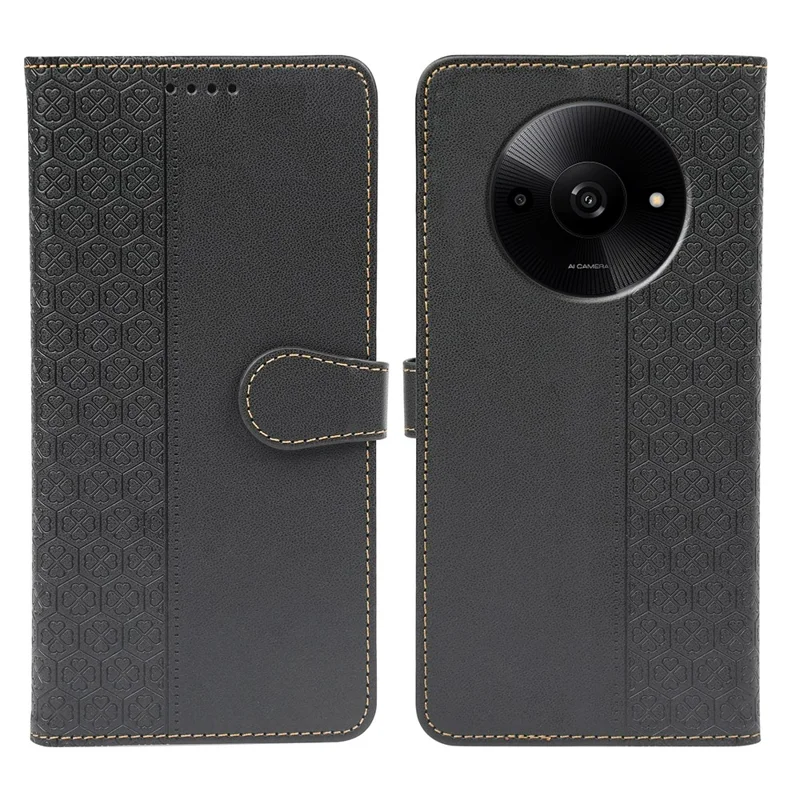 Læderet omslag til Xiaomi Redmi A3 4G / A3x 4G / Poco C61 4G med magnetslutning og firebladet klovermønster - Sort