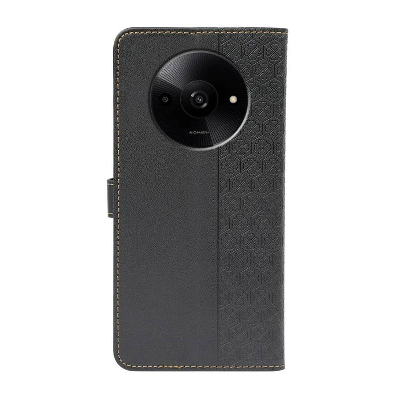 Læderet omslag til Xiaomi Redmi A3 4G / A3x 4G / Poco C61 4G med magnetslutning og firebladet klovermønster - Sort