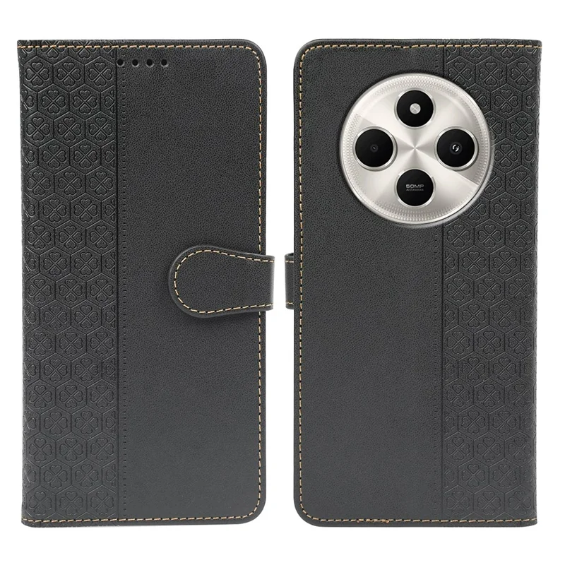 Leather Case For Xiaomi Redmi A4 5G  /  14C 4G  /  14R 5G  /  A3 Pro 4G  /  Poco C75 4G Magnetic Clasp Four Leaf Clover Phone Cover - Black