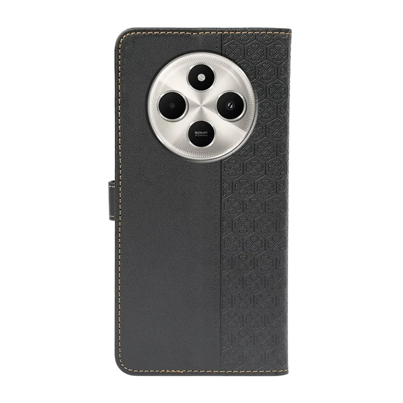 Leather Case For Xiaomi Redmi A4 5G  /  14C 4G  /  14R 5G  /  A3 Pro 4G  /  Poco C75 4G Magnetic Clasp Four Leaf Clover Phone Cover - Black