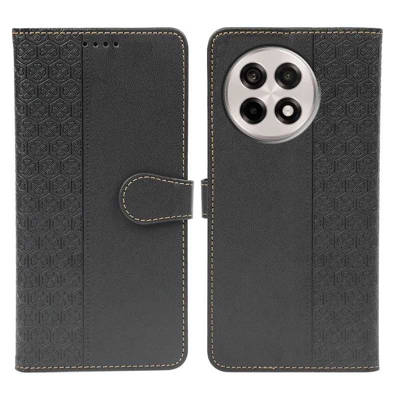 Leather Case For OnePlus 13R 5G  /  Ace 5 5G  /  Ace 5 Pro 5G Magnetic Clasp Four Leaf Clover Phone Cover - Black
