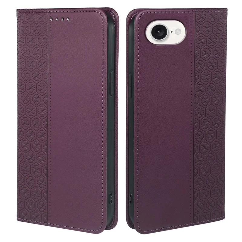 iPhone 16e Hülle Vierblättriges Kleeblatt Leder Flip Handyhülle Ständer Geldbörse - Dunkelviolett