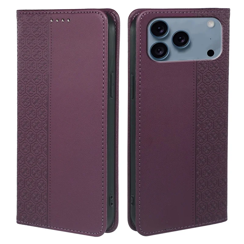 iPhone 17 Pro Max Hülle Vierblättriges Kleeblatt Leder Flip Handyhülle Standfuß Geldbörse - Dunkelviolett