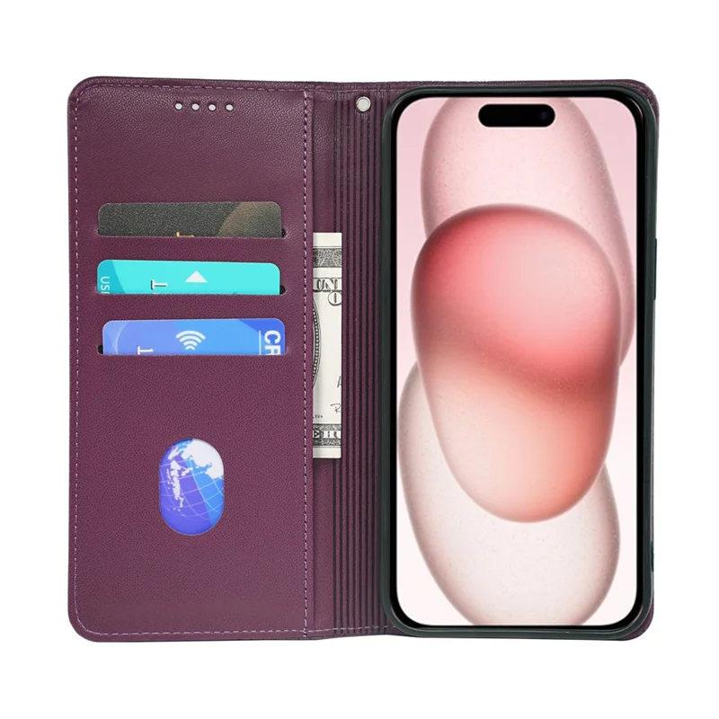 iPhone 17 Pro Hülle Vierblättriges Kleeblatt Leder Flip Handyhülle Ständer Geldbörse - Dunkelviolett