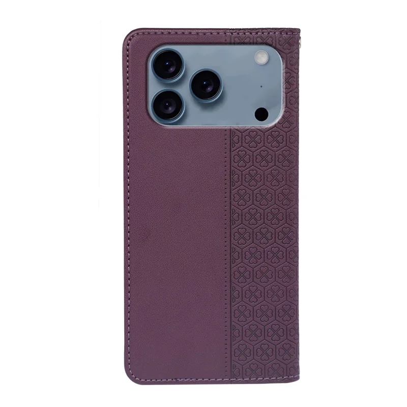 iPhone 17 Pro Hülle Vierblättriges Kleeblatt Leder Flip Handyhülle Ständer Geldbörse - Dunkelviolett