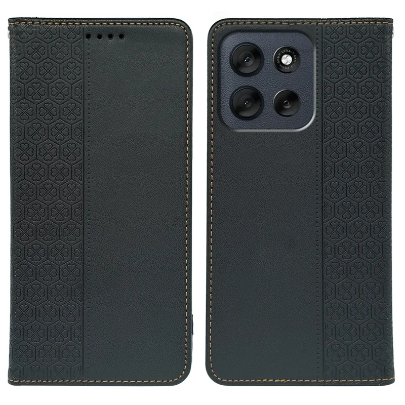 Capa Motorola Moto G56 5G Trevo de Quatro Folhas Couro Flip Phone Cover Stand Carteira - Preto