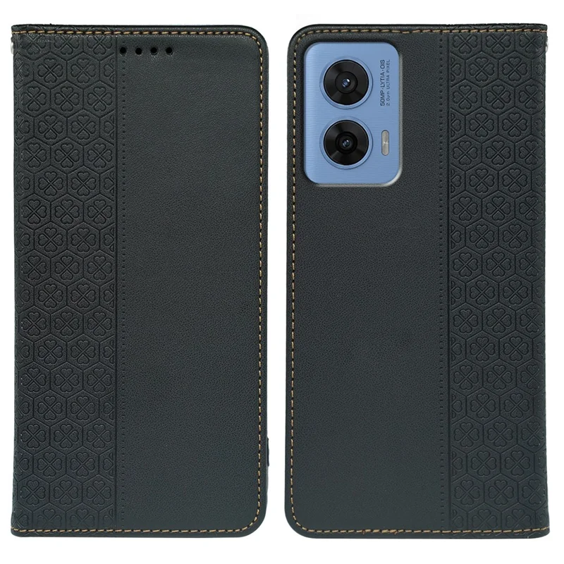 Voor Motorola G96 5G hoesje Vierbladige klaver Leer fliphoes met standaard en portemonnee - Zwart
