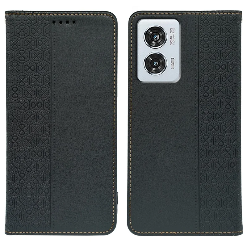 For Motorola Edge 50 Fusion 5G Case Four Leaf Clover Leather Flip Phone Cover Stand Wallet - Black