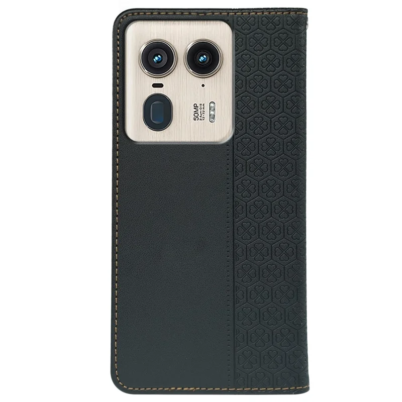 For Motorola Edge 50 Ultra 5G Case Four Leaf Clover Leather Flip Phone Cover Stand Wallet - Black