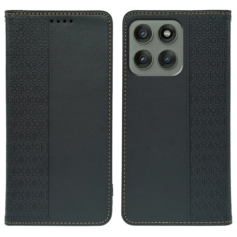 Чехол для Motorola Edge 60 Pro 5G / Edge 60S Pro с четырехлистным клевером из кожи, откидной, с подставкой и отделением для карт - Черный