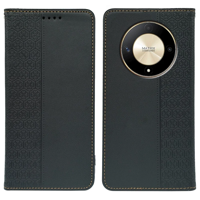 Чехол для телефона Four Leaf Clover Leather Flip Phone Cover Stand Wallet - Черный для For Honor Magic6 Lite 5G / X9b 5G