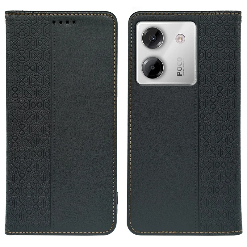 For Xiaomi Poco M7 Pro 5G Case Four Leaf Clover Leather Flip Phone Cover Stand Wallet - Black