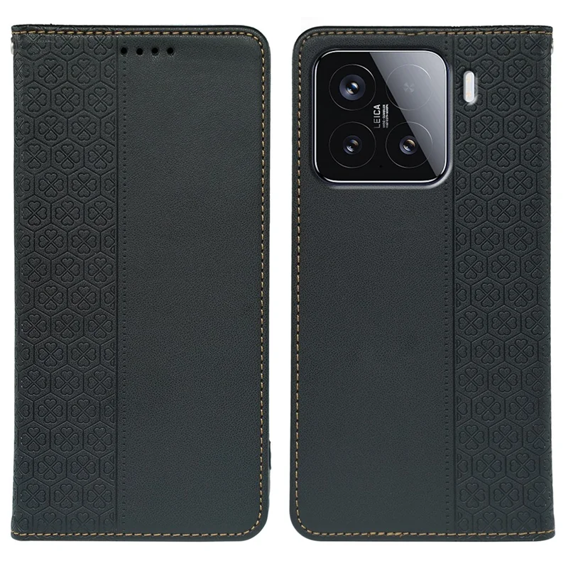 For Xiaomi 15 Case Four Leaf Clover Leather Flip Phone Cover Stand Wallet - Black