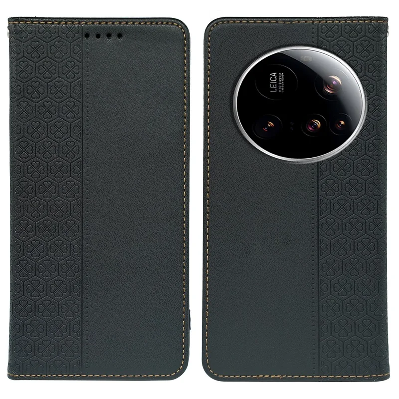Xiaomi 15 Ultra Hülle Vierblättriges Kleeblatt Leder Flip Handyhülle Ständer Geldbörse - Schwarz
