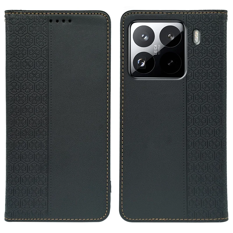 Xiaomi 15 Pro Hülle Vierblättriges Kleeblatt Leder Flip Handyhülle Ständer Brieftasche - Schwarz