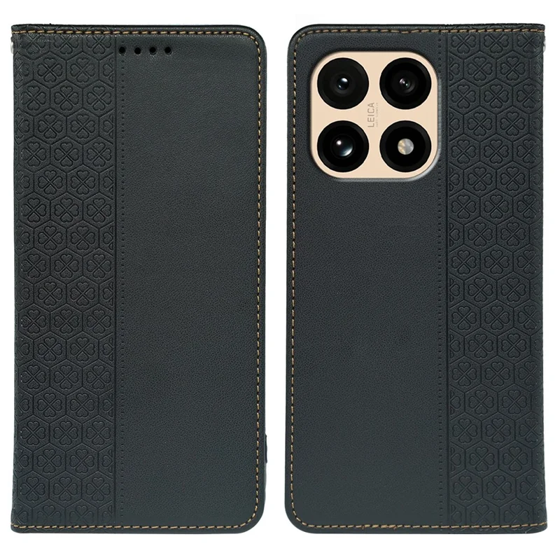 For Xiaomi 15T Case Four Leaf Clover Leather Flip Phone Cover Stand Wallet - Black