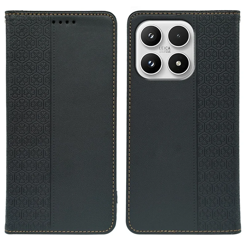 For Xiaomi 17 Case Four Leaf Clover Leather Flip Phone Cover Stand Wallet - Black