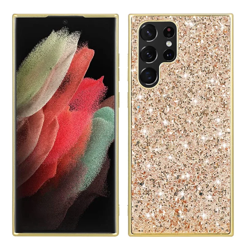 For Samsung Galaxy S23 Ultra Shiny Glitter Sequins Phone Case Drop Resistant Electroplating TPU Frame Hard PC Back Cover - Gold