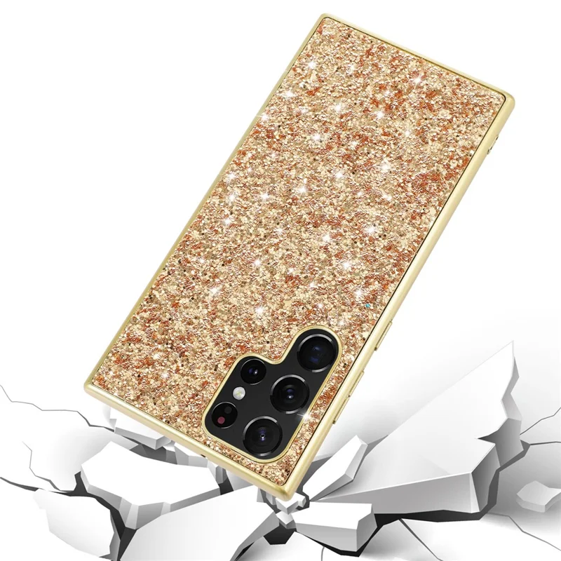 For Samsung Galaxy S23 Ultra Shiny Glitter Sequins Phone Case Drop Resistant Electroplating TPU Frame Hard PC Back Cover - Gold
