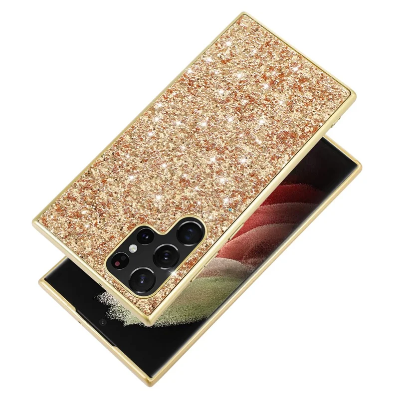 For Samsung Galaxy S23 Ultra Shiny Glitter Sequins Phone Case Drop Resistant Electroplating TPU Frame Hard PC Back Cover - Gold
