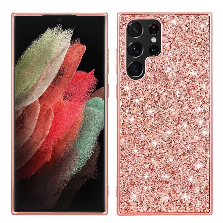 For Samsung Galaxy S23 Ultra Shiny Glitter Sequins Phone Case Drop Resistant Electroplating TPU Frame Hard PC Back Cover - Rose Gold