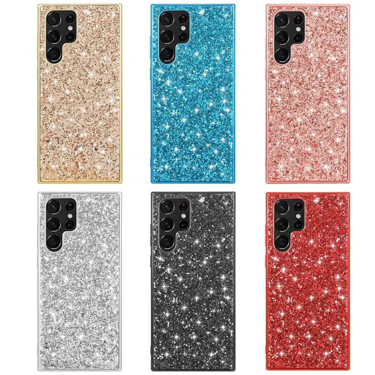 For Samsung Galaxy S23 Ultra Shiny Glitter Sequins Phone Case Drop Resistant Electroplating TPU Frame Hard PC Back Cover - Rose Gold