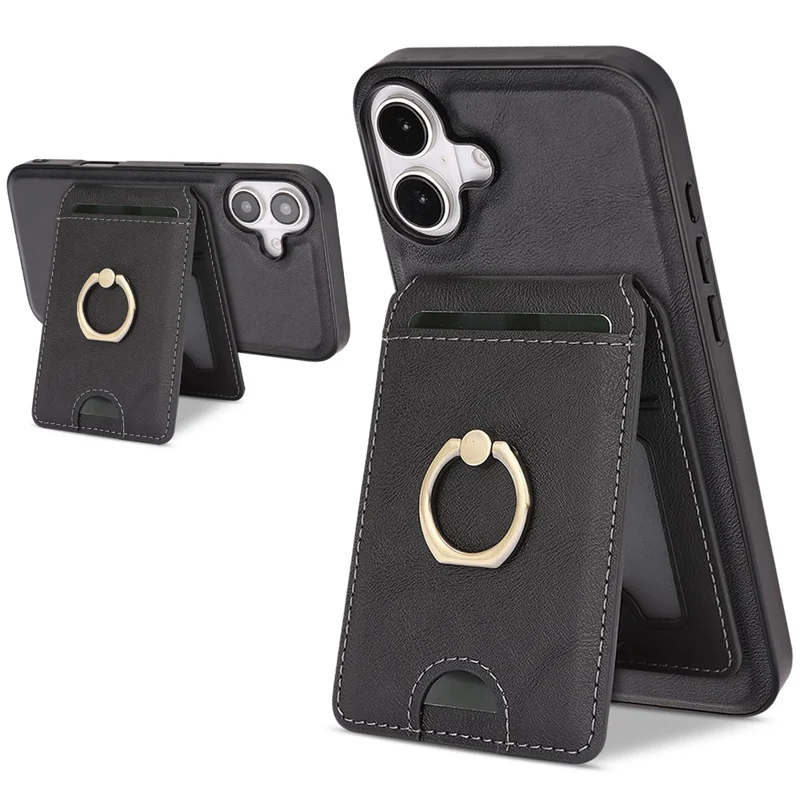 For iPhone 17 Case Detachable Card Bag Compatible with MagSafe PU Leather Coated TPU Cover with Ring Kickstand - Black