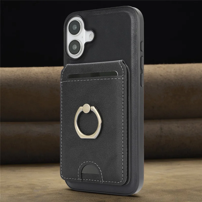 For iPhone 17 Case Detachable Card Bag Compatible with MagSafe PU Leather Coated TPU Cover with Ring Kickstand - Black