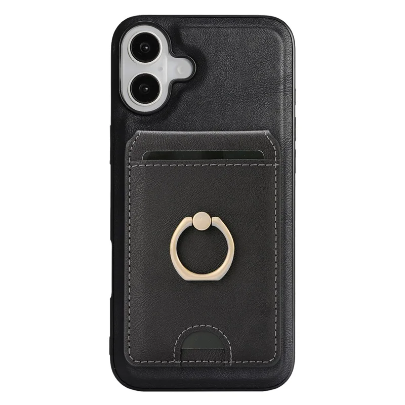 For iPhone 17 Case Detachable Card Bag Compatible with MagSafe PU Leather Coated TPU Cover with Ring Kickstand - Black