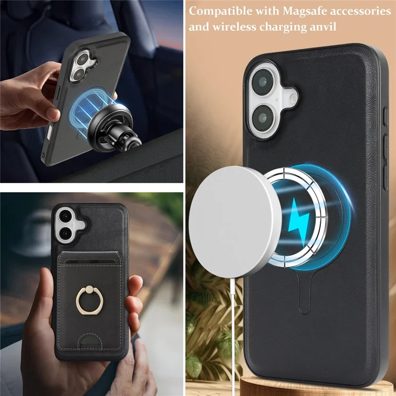 For iPhone 17 Case Detachable Card Bag Compatible with MagSafe PU Leather Coated TPU Cover with Ring Kickstand - Black