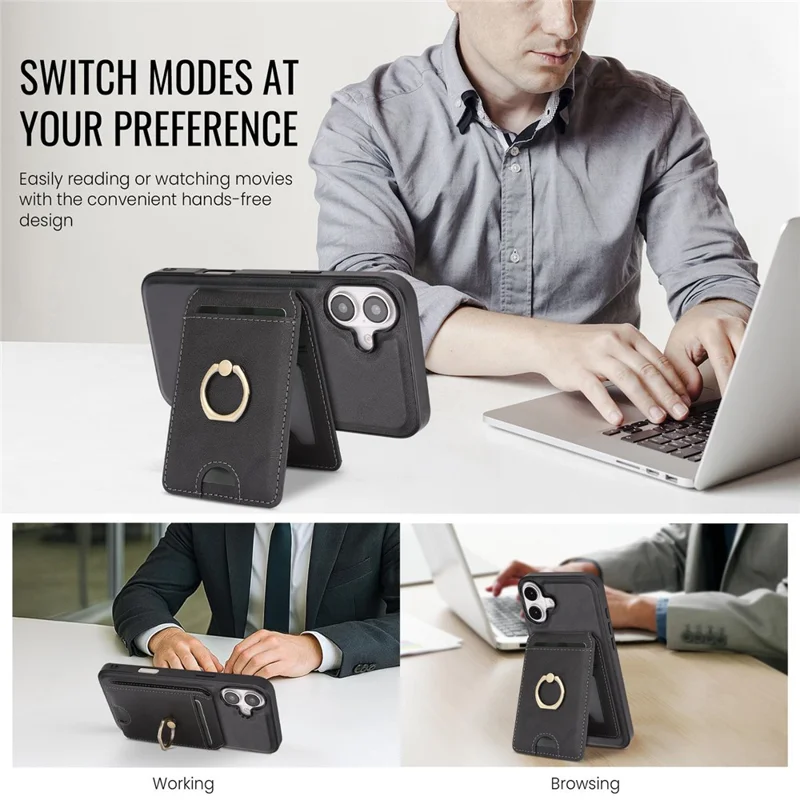 For iPhone 17 Case Detachable Card Bag Compatible with MagSafe PU Leather Coated TPU Cover with Ring Kickstand - Black