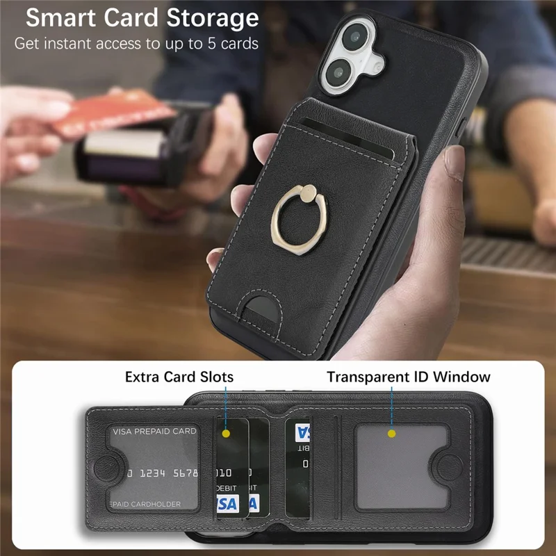 For iPhone 17 Case Detachable Card Bag Compatible with MagSafe PU Leather Coated TPU Cover with Ring Kickstand - Black