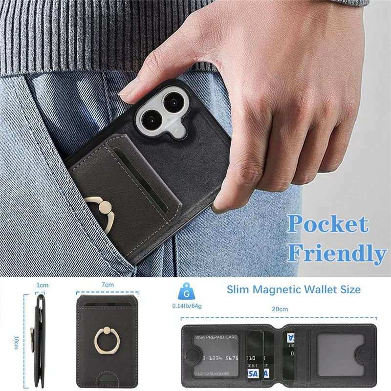 For iPhone 17 Case Detachable Card Bag Compatible with MagSafe PU Leather Coated TPU Cover with Ring Kickstand - Black