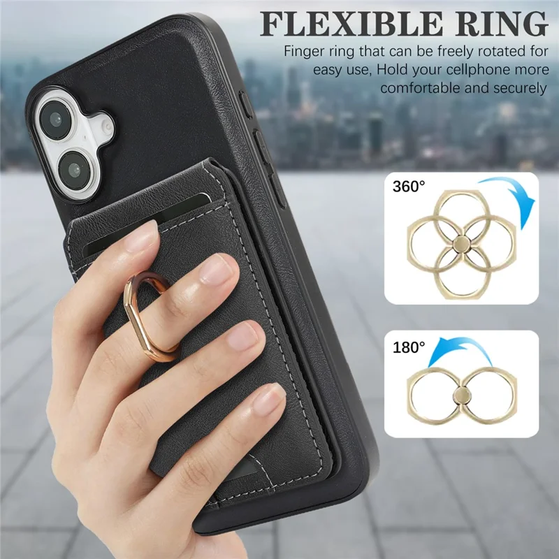 For iPhone 17 Case Detachable Card Bag Compatible with MagSafe PU Leather Coated TPU Cover with Ring Kickstand - Black