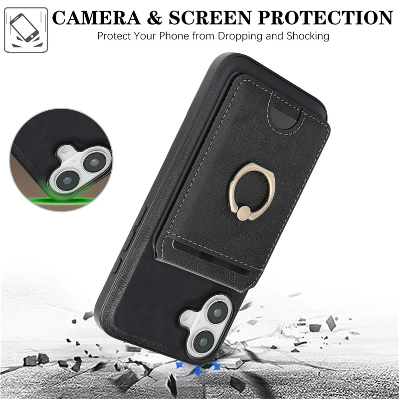 For iPhone 17 Case Detachable Card Bag Compatible with MagSafe PU Leather Coated TPU Cover with Ring Kickstand - Black