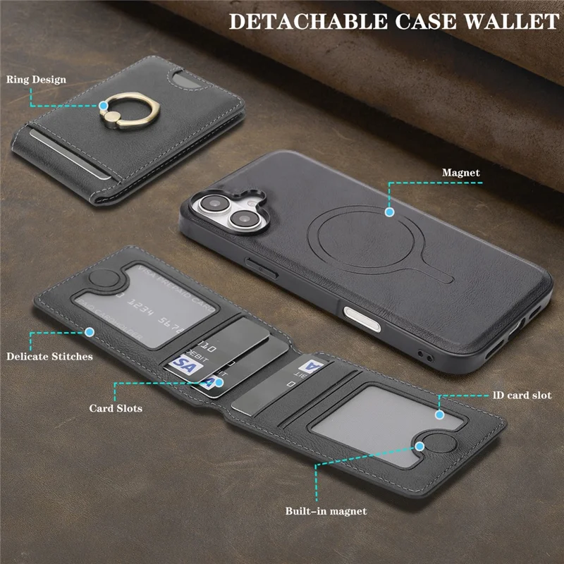 For iPhone 17 Case Detachable Card Bag Compatible with MagSafe PU Leather Coated TPU Cover with Ring Kickstand - Black