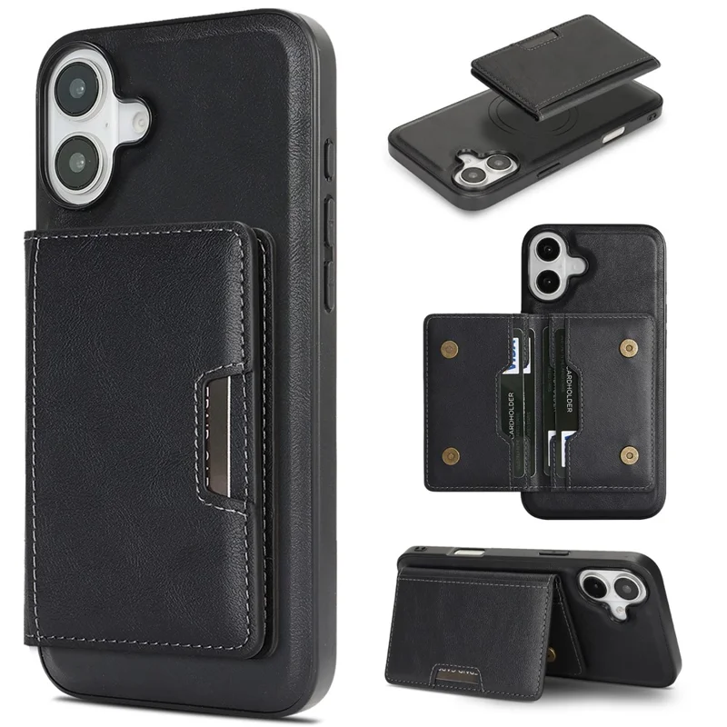 For iPhone 17 Kickstand Case Bi-fold Card Bag PU Leather Coated TPU Cover Compatible with MagSafe - Black